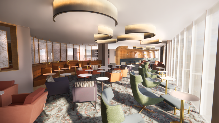 CGI of new lounge, lots of orange, green neutral colours and round modern seating.