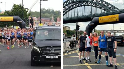 Two images split across one. On the left is a black Mercedes chauffeur car driving in front of runners of the Blaydon Race and on the right are the Parkers Chauffeurs team posing for a photo at the Blaydon Race start line in their running gear.