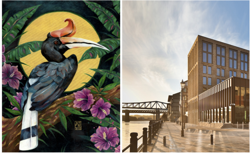 Half of image shows piece of art depicting a tropical bird scene and the other half of the image depicts the Innside by Melia hotel on Newcastle Quayside