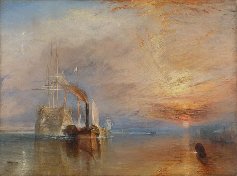 Painting depicting a ship in a body of watering with a dramatic skyline