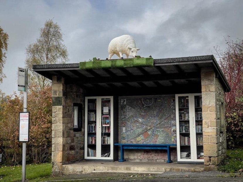 A life-size fake sheep on top of a bus shelter.