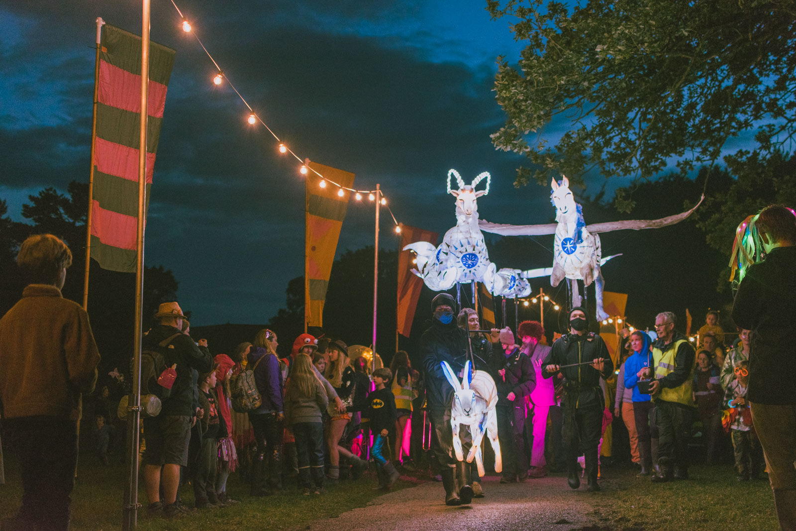 A vibrant and colourful parade taking place at nighttime.