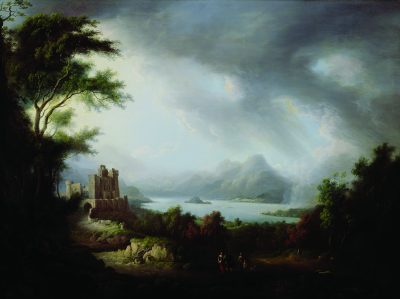 Painting of a dramatic landscape with mountains in the background and a castle in the foreground.