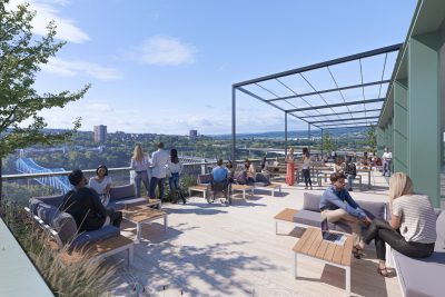 CGI of rooftop chill out area on top of new office building.