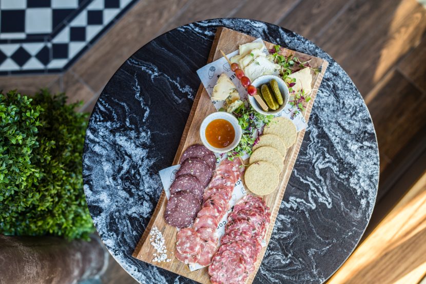 Birds eye view of a charcuterie board