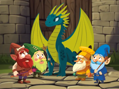 A cartoon of four colourful gnomes surrounding a dragon in a castle.