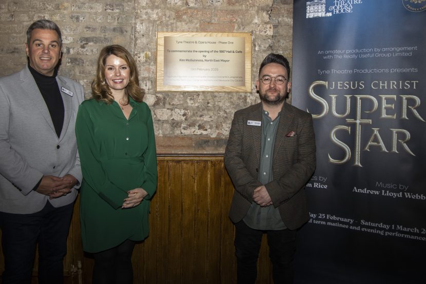 TT&OH CEO Jonathan Higgins, North East Mayor Kim McGuinness, TT&OH General Manager Lewis Dobson with plaque commemorating the opening of the 1867 Hall & Cafe Bar